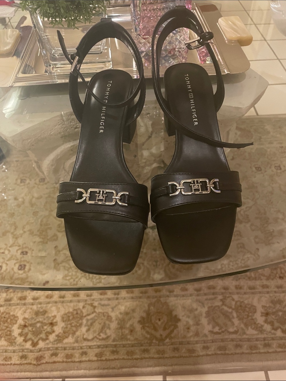 Tommy Hilfiger Black Block Heel Ankle-Strap Sandals with Silver Chain Accent